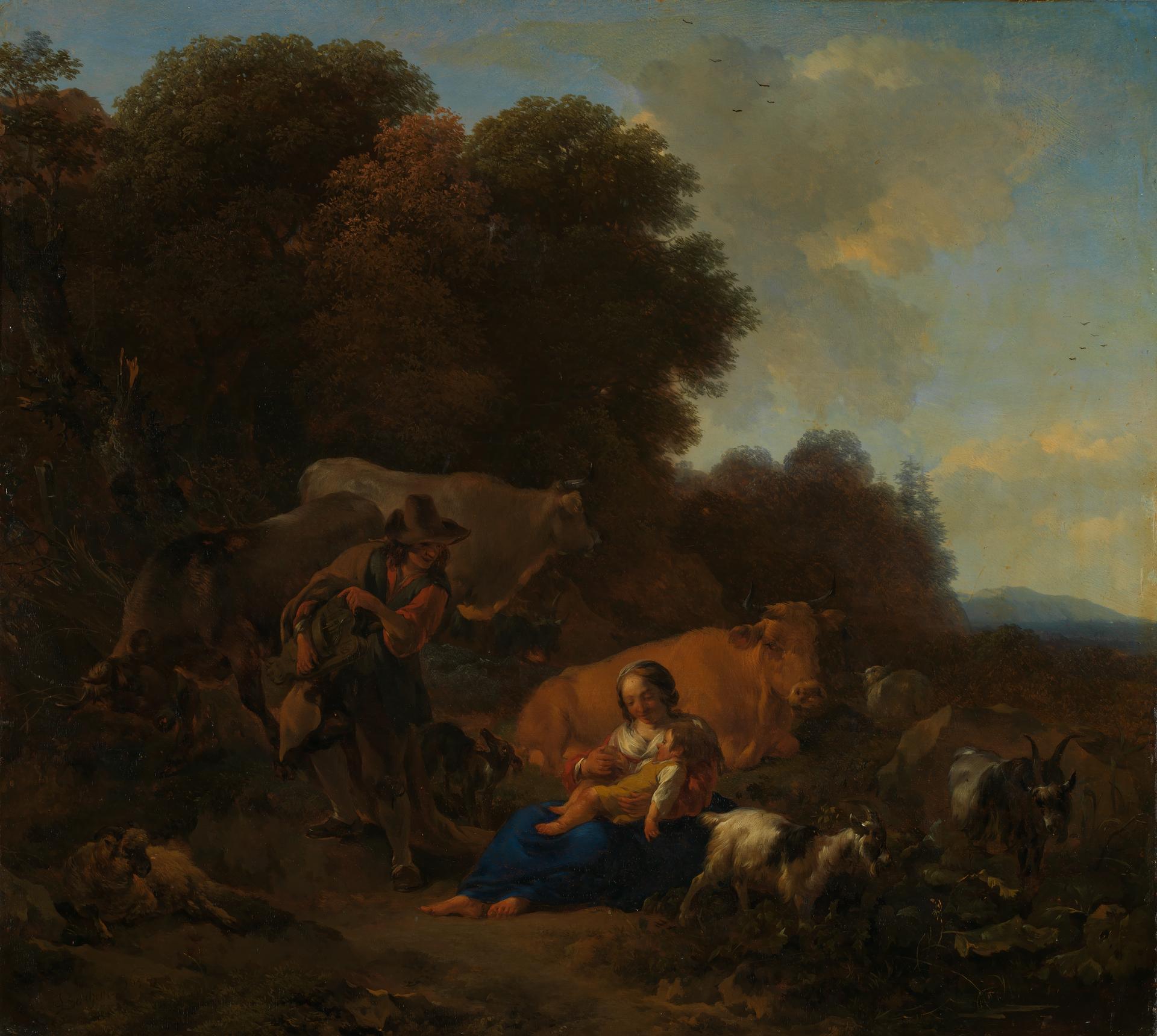 A Peasant playing a Hurdy-Gurdy to a Woman and Child by Nicolaes Berchem