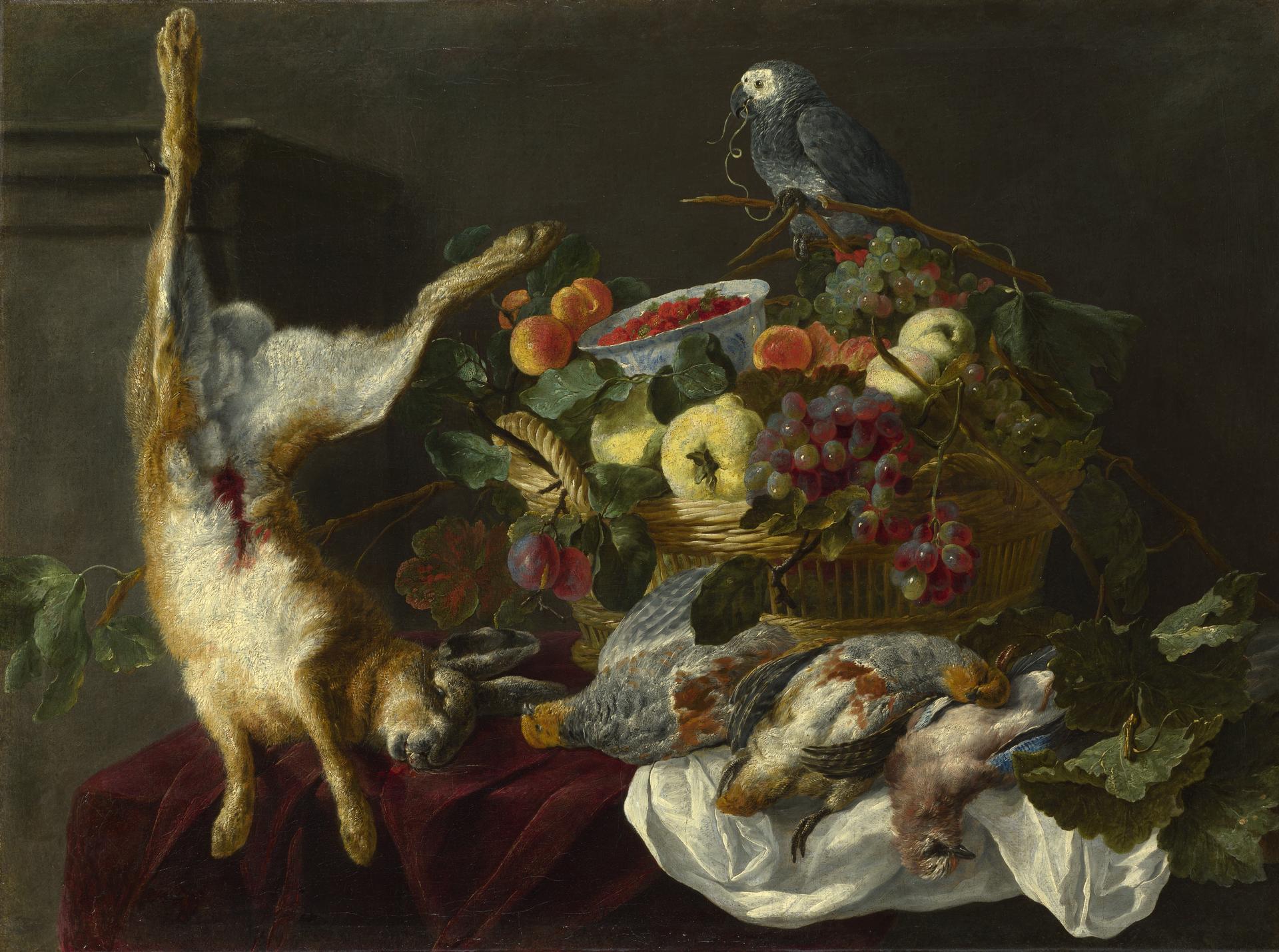 A Still Life with Fruit, Dead Game and a Parrot by Jan Fyt