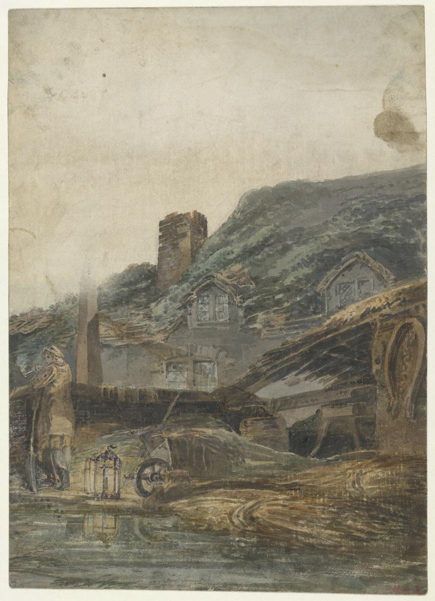 A Transparency: A Moss-Covered Cottage and Shed, with a Man Smoking and a Lantern by Joseph Mallord William Turner