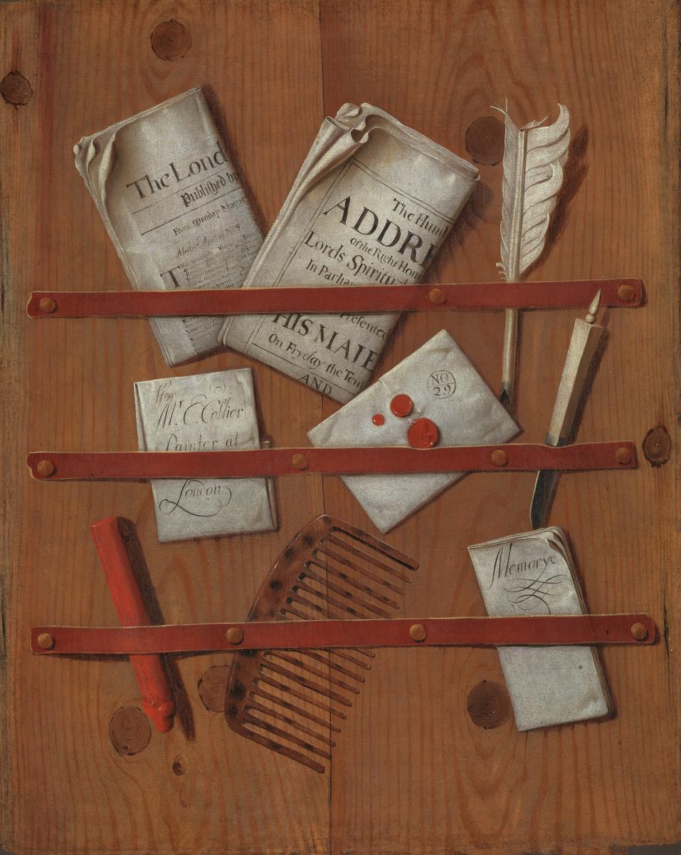 A Trompe l’Oeil of Newspapers, Letters and Writing Implements on a Wooden Board by Edward Collier