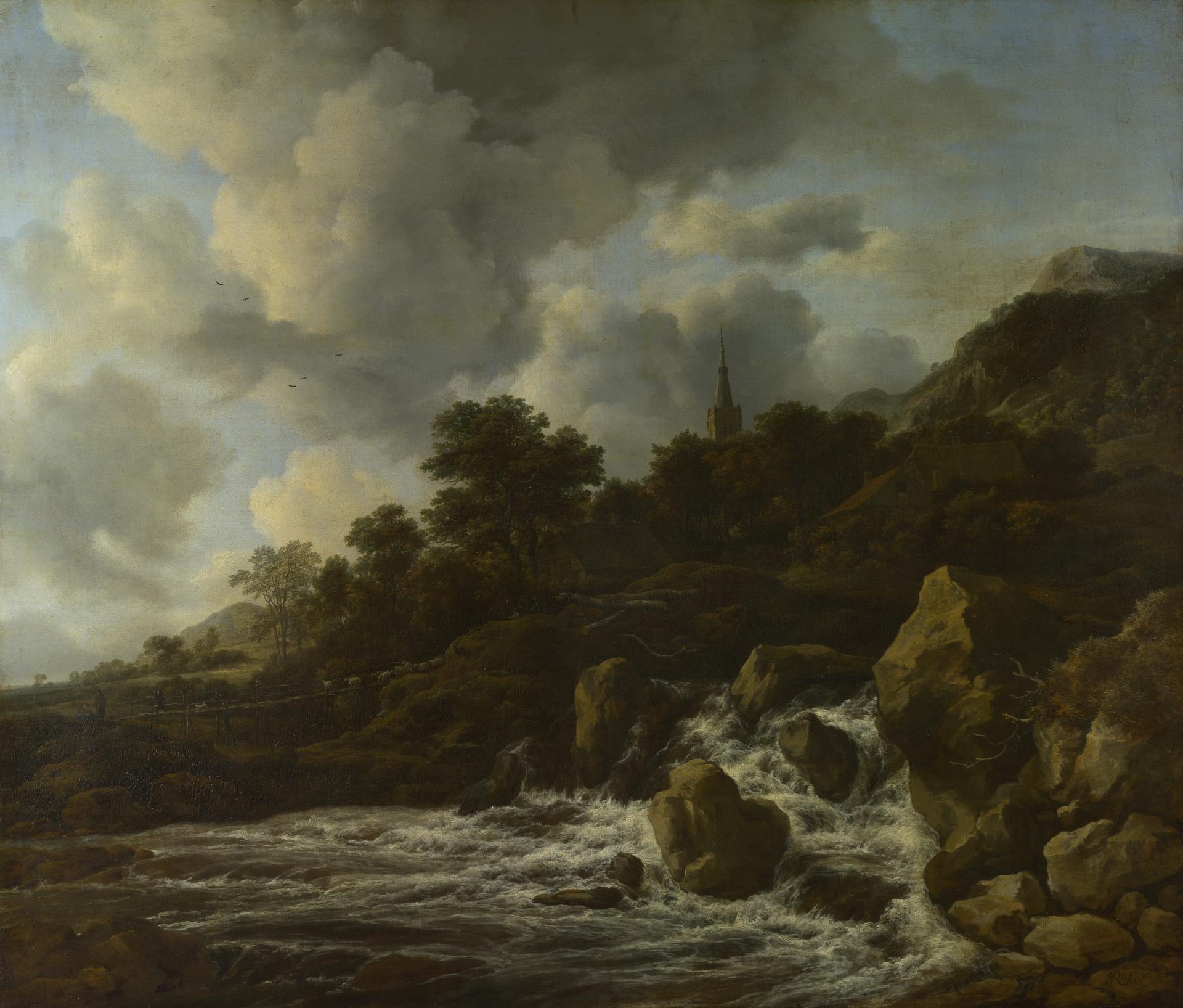 A Waterfall at the Foot of a Hill, near a Village by Jacob van Ruisdael