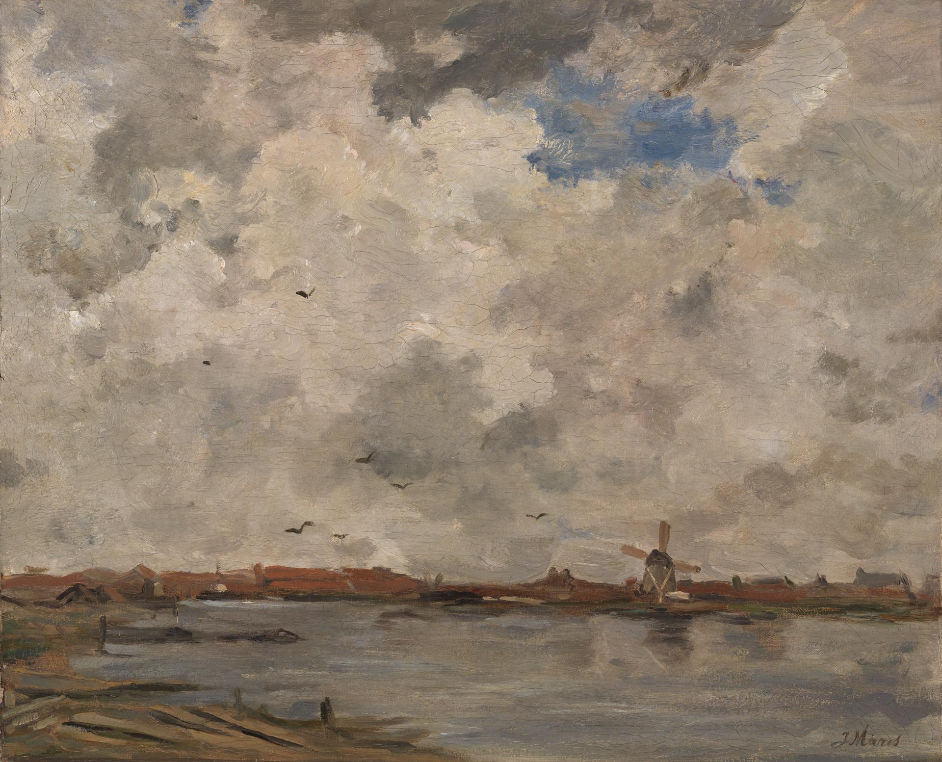 A Windmill and Houses beside Water: Stormy Sky by Jacob Maris