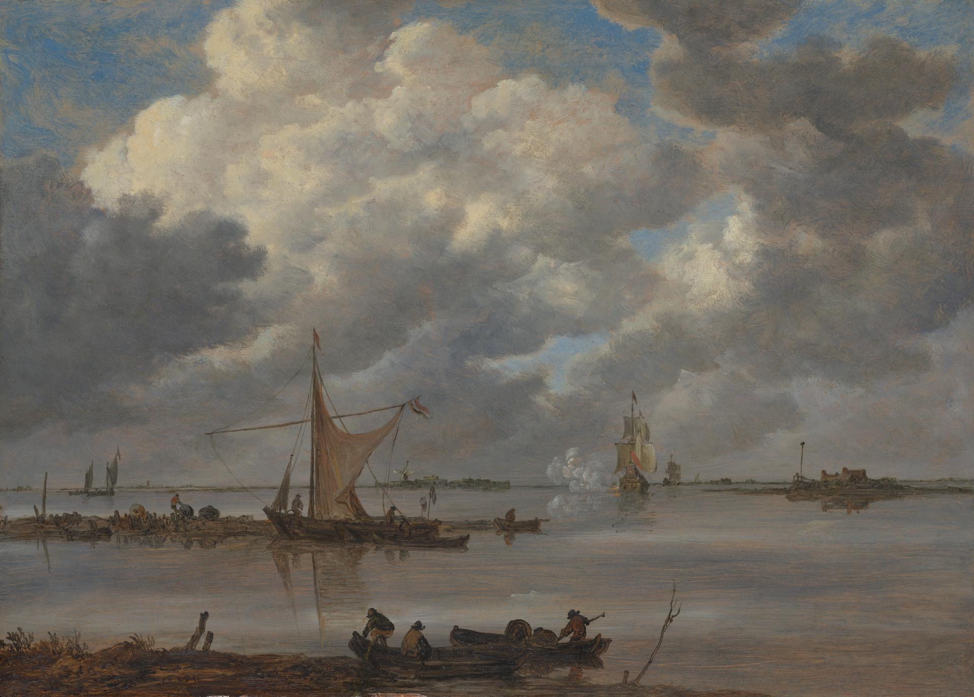An Estuary with Fishing Boats and Two Frigates by Jan van Goyen