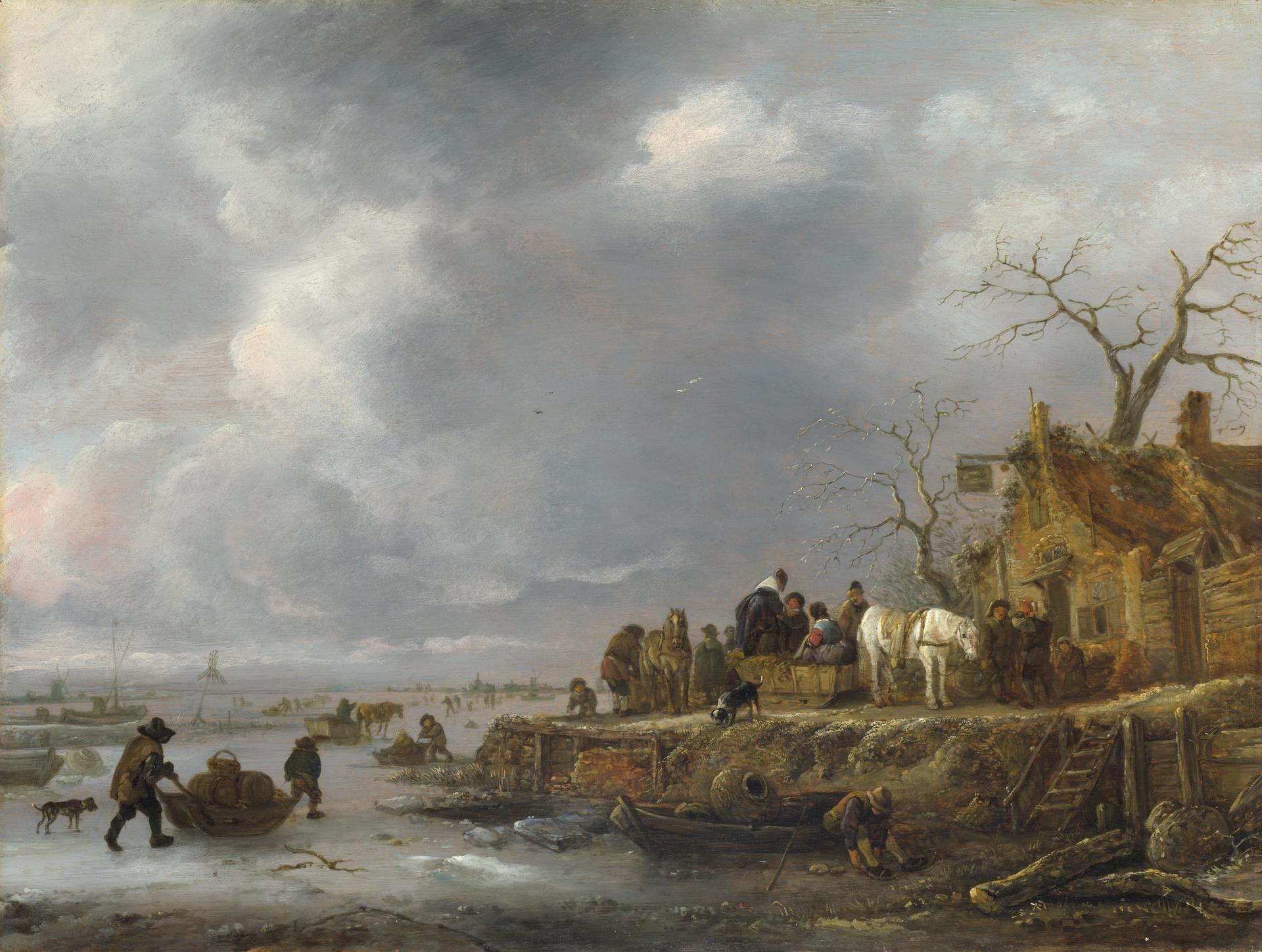 An Inn by a Frozen River by Isack van Ostade