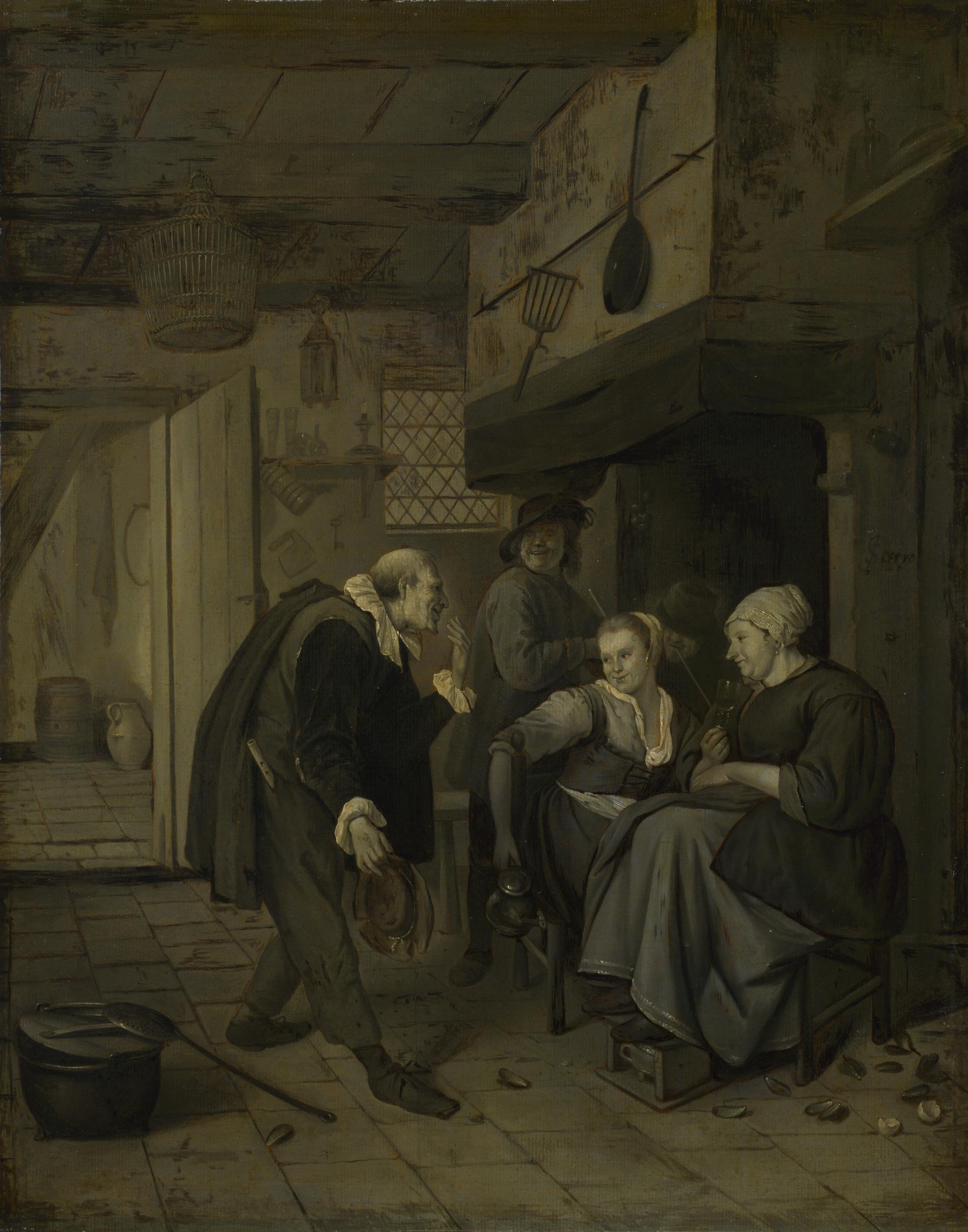 An Itinerant Musician saluting Two Women in a Kitchen by Jan Steen