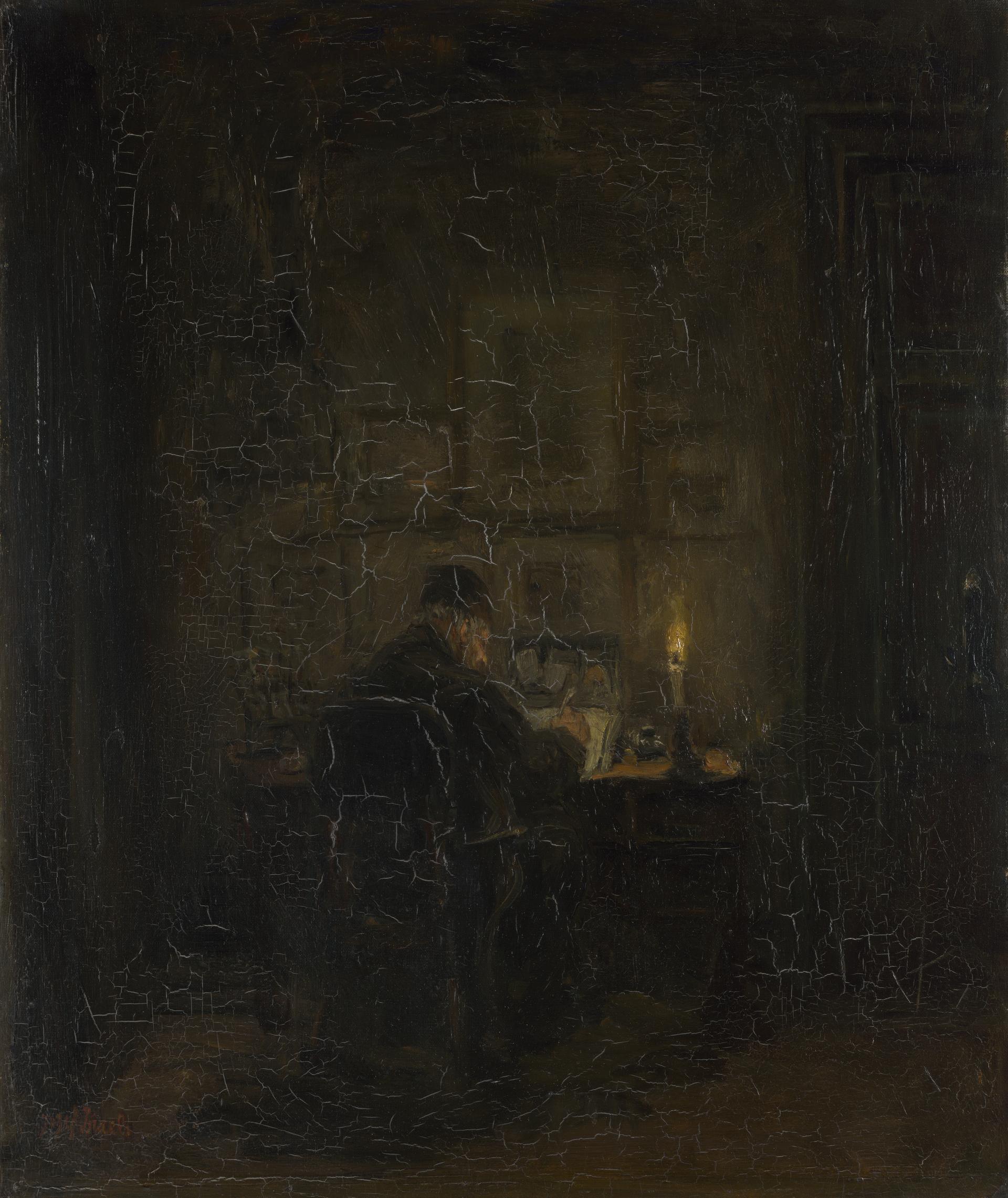 An Old Man writing by Candlelight by Jozef Israëls