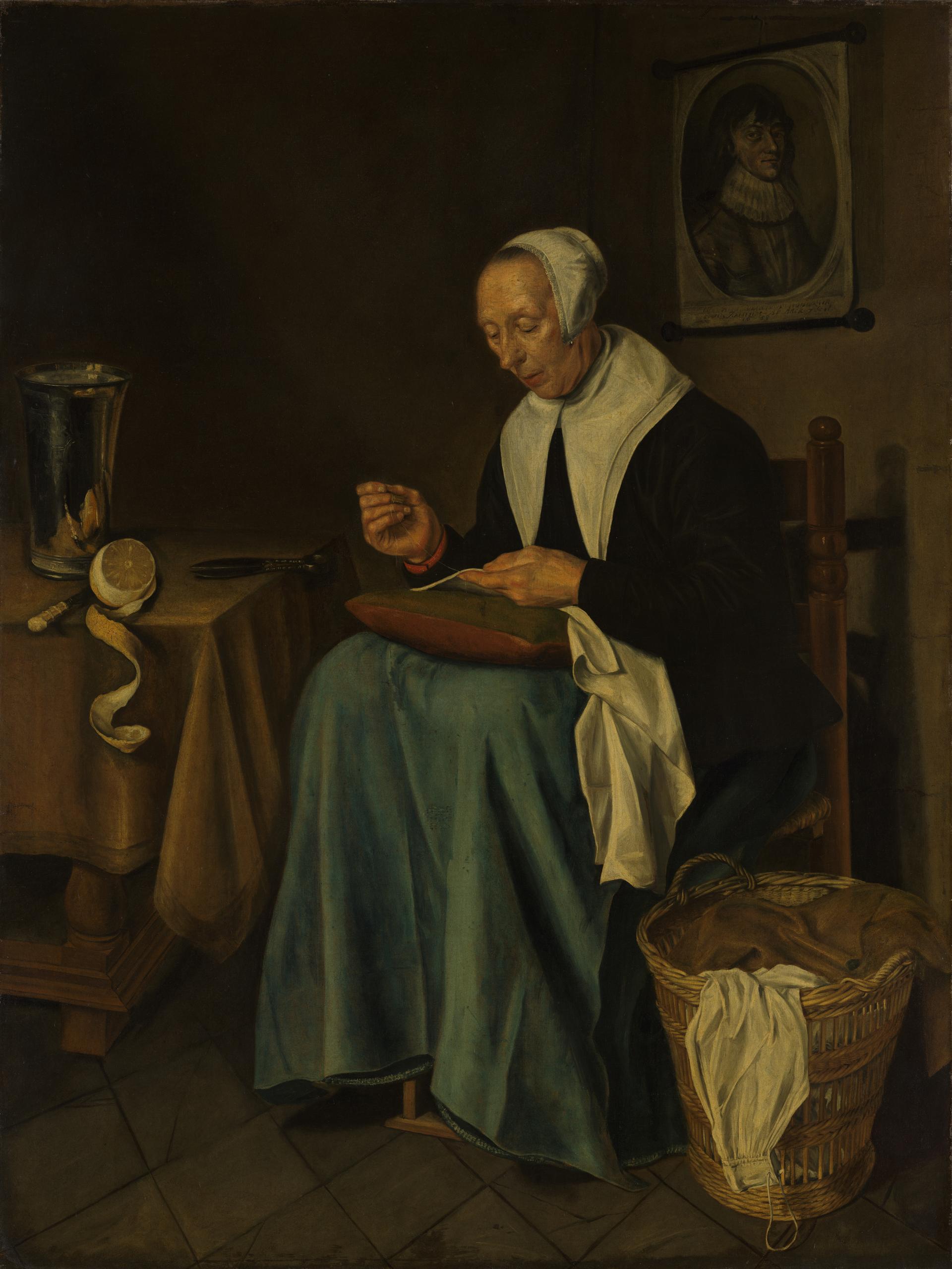 An Old Woman seated sewing by Johannes van der Aack