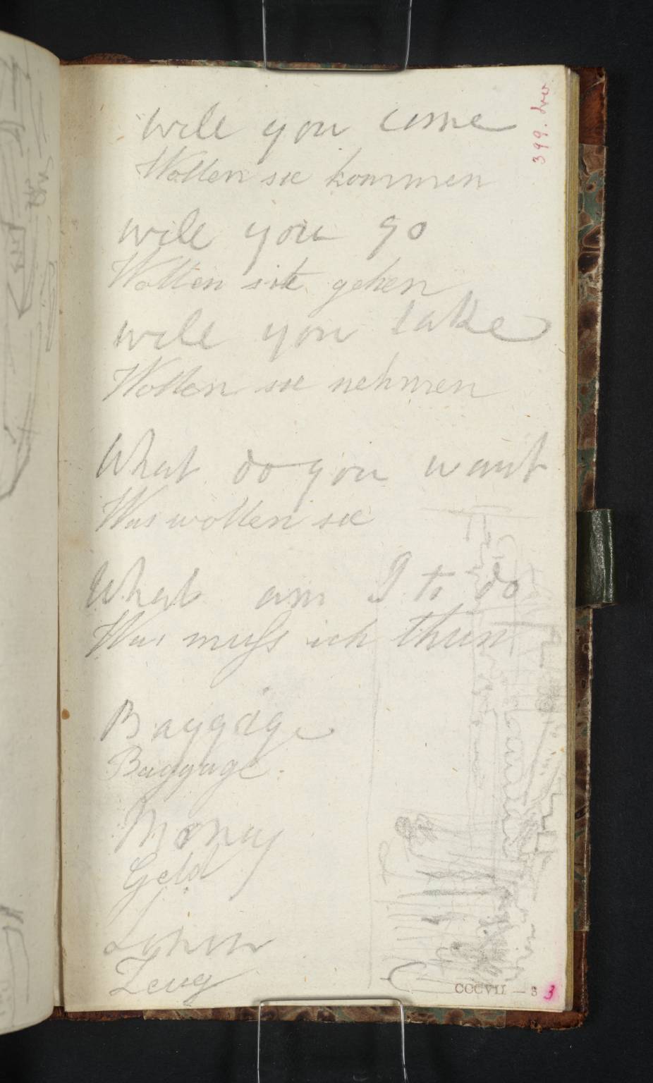 Dresden: View on the Bank of the Elbe near the Brühl Terrace, Looking Downstream to the Bridge, with Trees in Background; English and German Phrases by Joseph Mallord William Turner