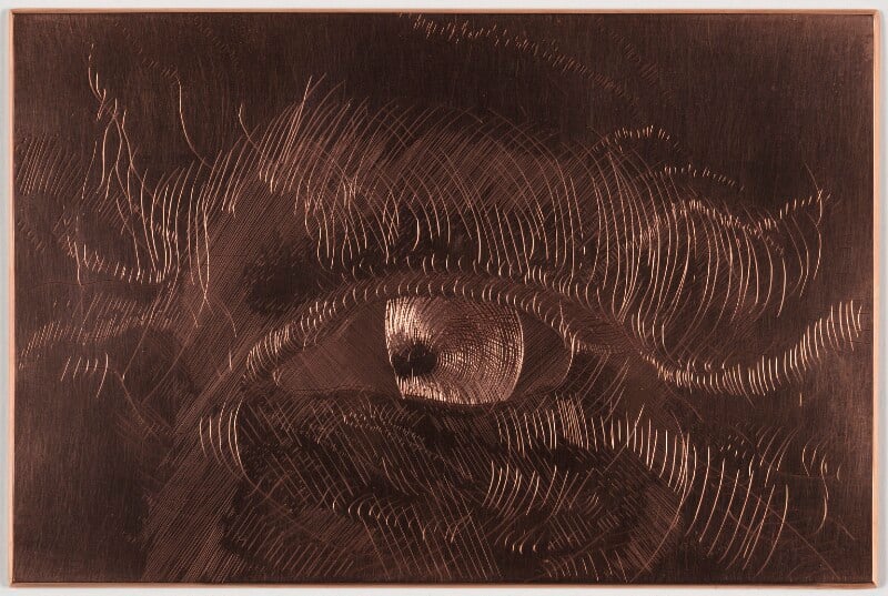 Engraved copper plate of an eye by Paul Kirkup