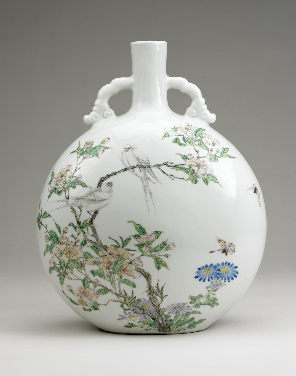 Flask with birds and flowering tree