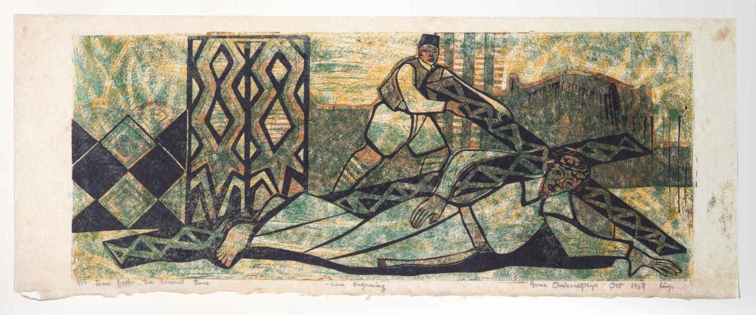 Jesus falls the second time by Bruce Onobrakpeya