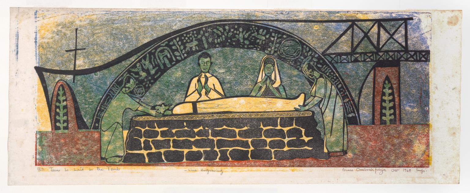 Jesus is laid in the tomb by Bruce Onobrakpeya