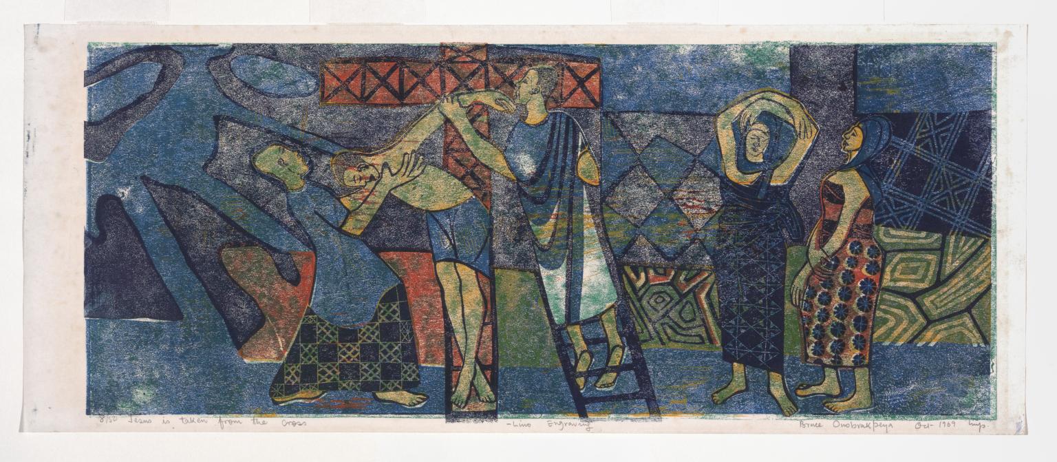 Jesus is taken from the cross by Bruce Onobrakpeya