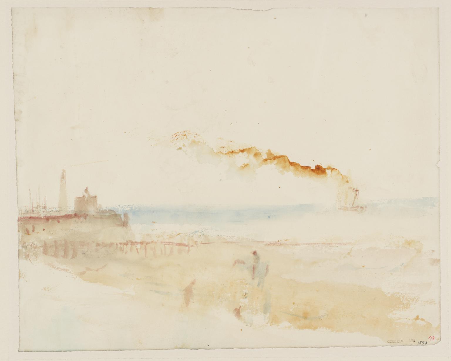 Margate: The Great Beach with Droit House, the Pier and Lighthouse, Jarvis’s Landing Place, and a Smoking Steamer by Joseph Mallord William Turner