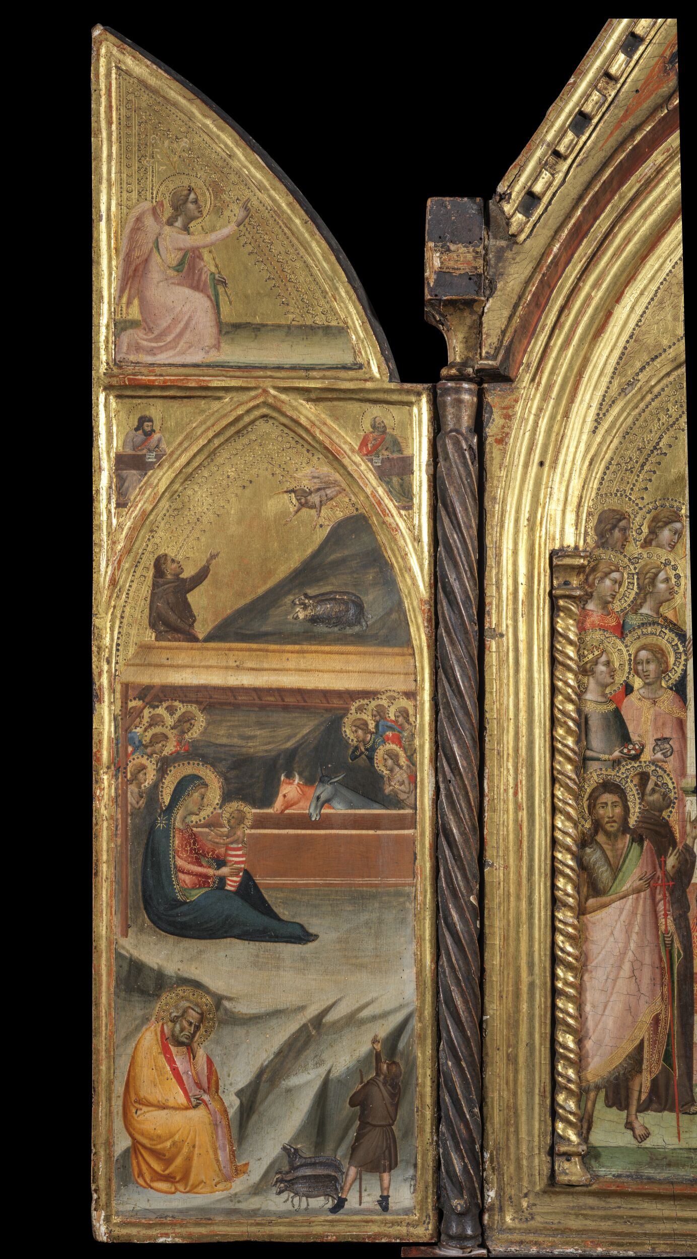 Nativity (left panel) (recto)Two Magi and bishop (left panel) (verso)Two Evangelists; The Angel of the Annunciation (above) by Bernardo Daddi