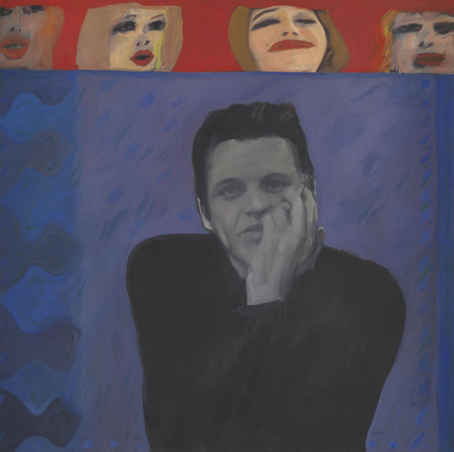 Portrait of Derek Marlowe with Unknown Ladies by Pauline Boty