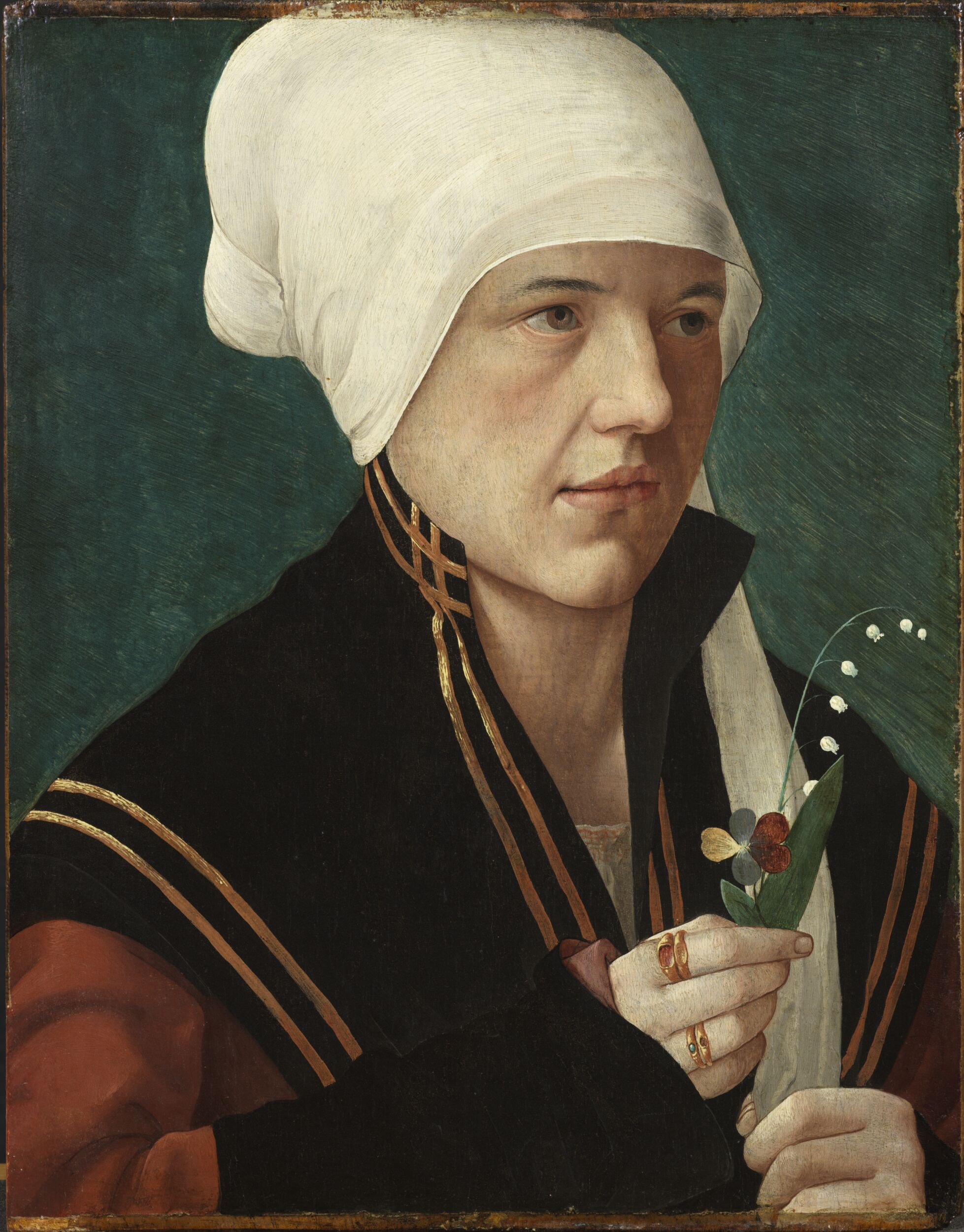 Portrait of a Woman holding a Lily-of-the-Valley and a Pansy by Attributed toMarx Reichlichactive ca.(Life dates)