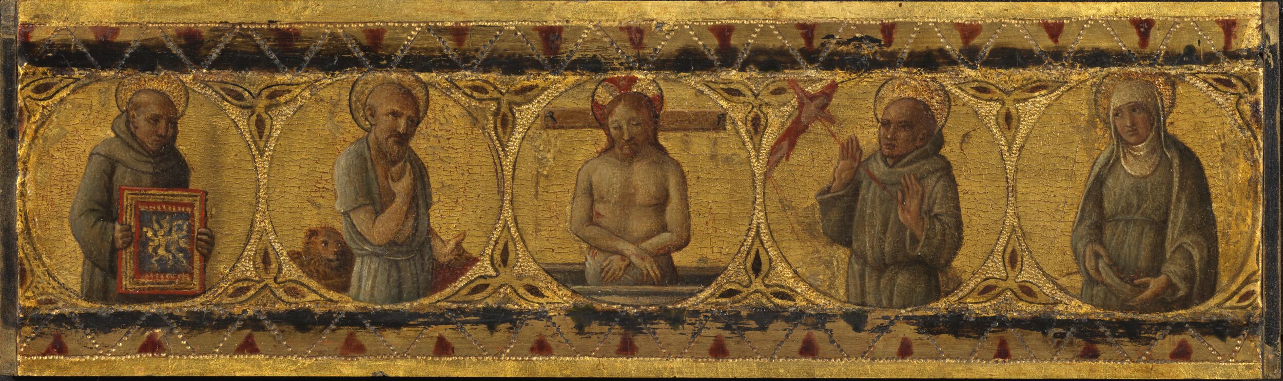 Predella panel - Dead Christ with Saints Bernardino, Jerome, Francis and Clare by Italy (Siena) 15th century
