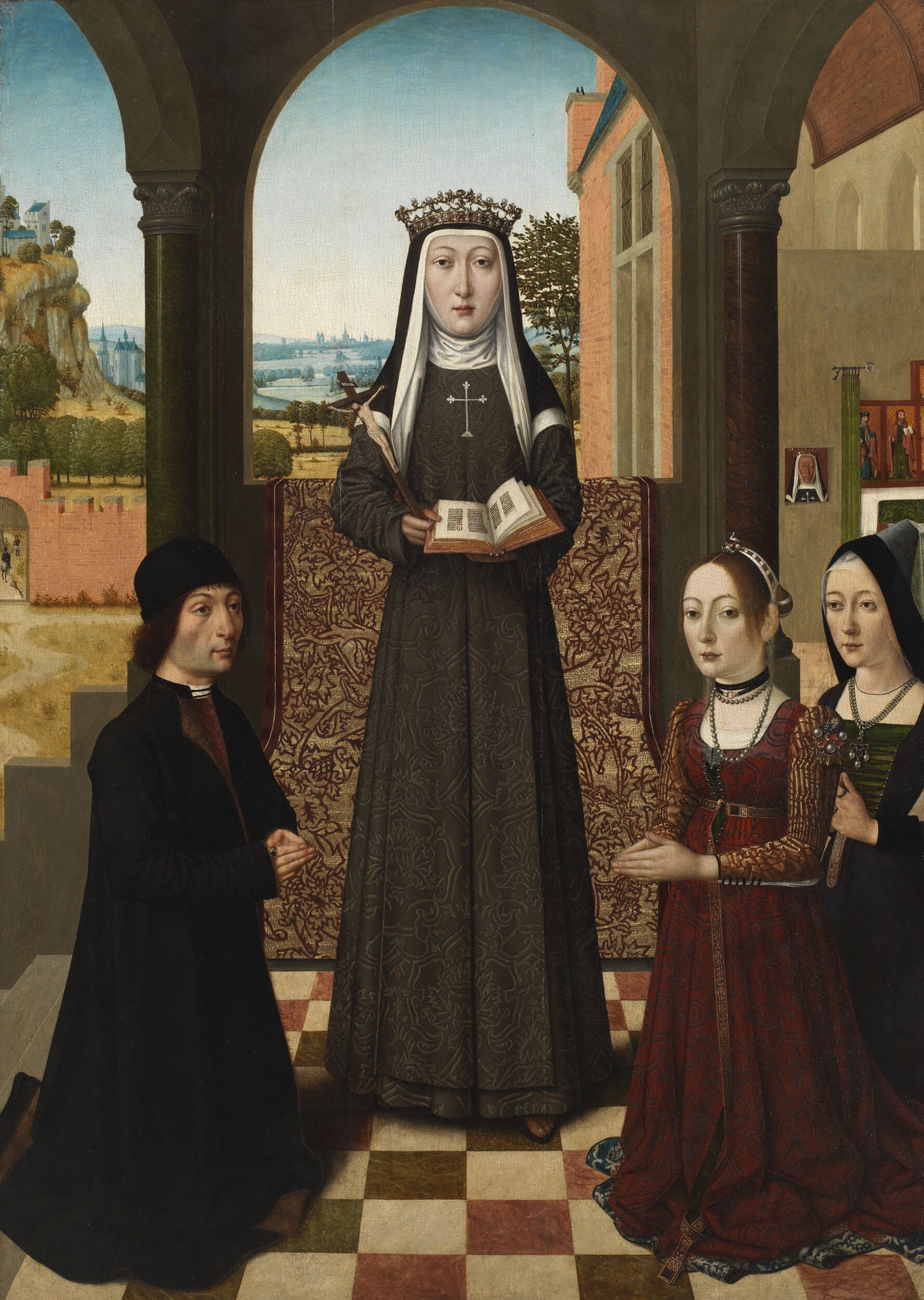 Saint Catherine of Bologna with three donors by Master of the Baroncelli Portraits (Artists)active ca. 1489 (Life dates)