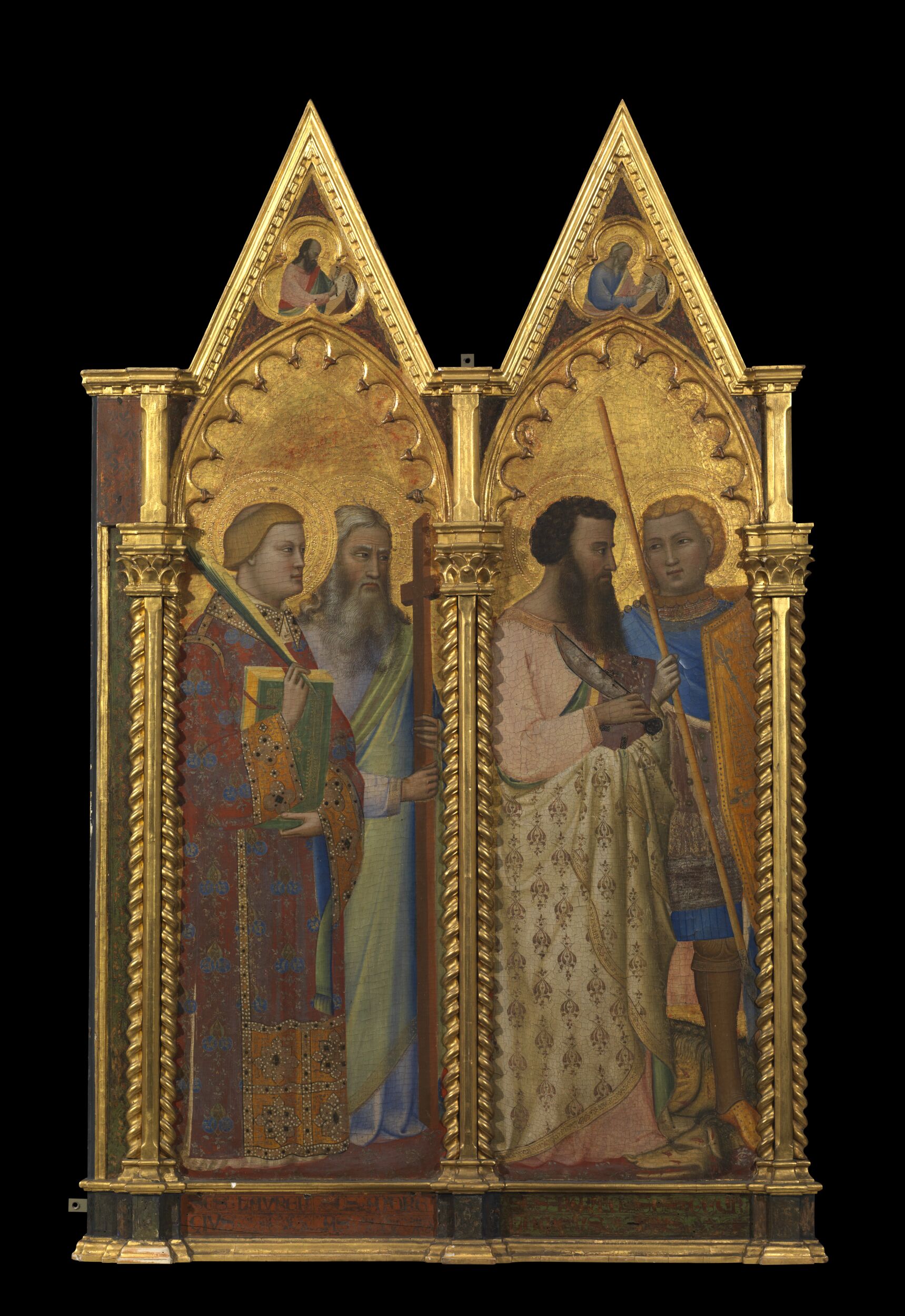 Saints Bartholomew and George (left panel) (recto)Imitation marble panel and two female angels (verso)An Evangelist (gable) by Bernardo Daddi