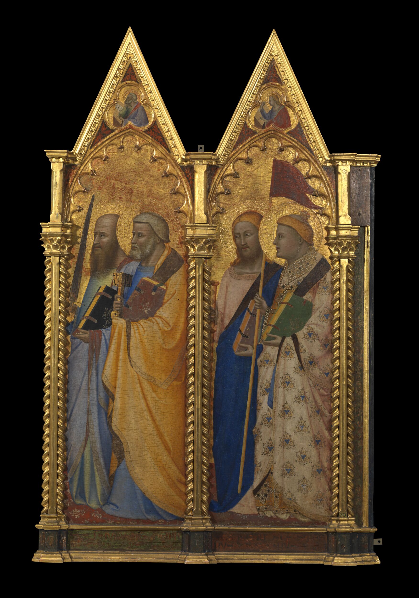 Saints Peter and Paul (right panel) (recto)Imitation marble panel and two female angels (verso)An Evangelist (gable) by Bernardo Daddi