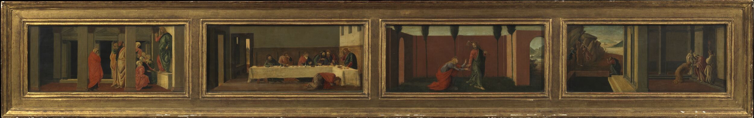 Scenes from the life of Mary Magdalene (four predella panels - a. Christ teaching; b. feast in the house of Simon; c. Noli me Tangere; d. last moments of the Magdalene) by Sandro Botticelli