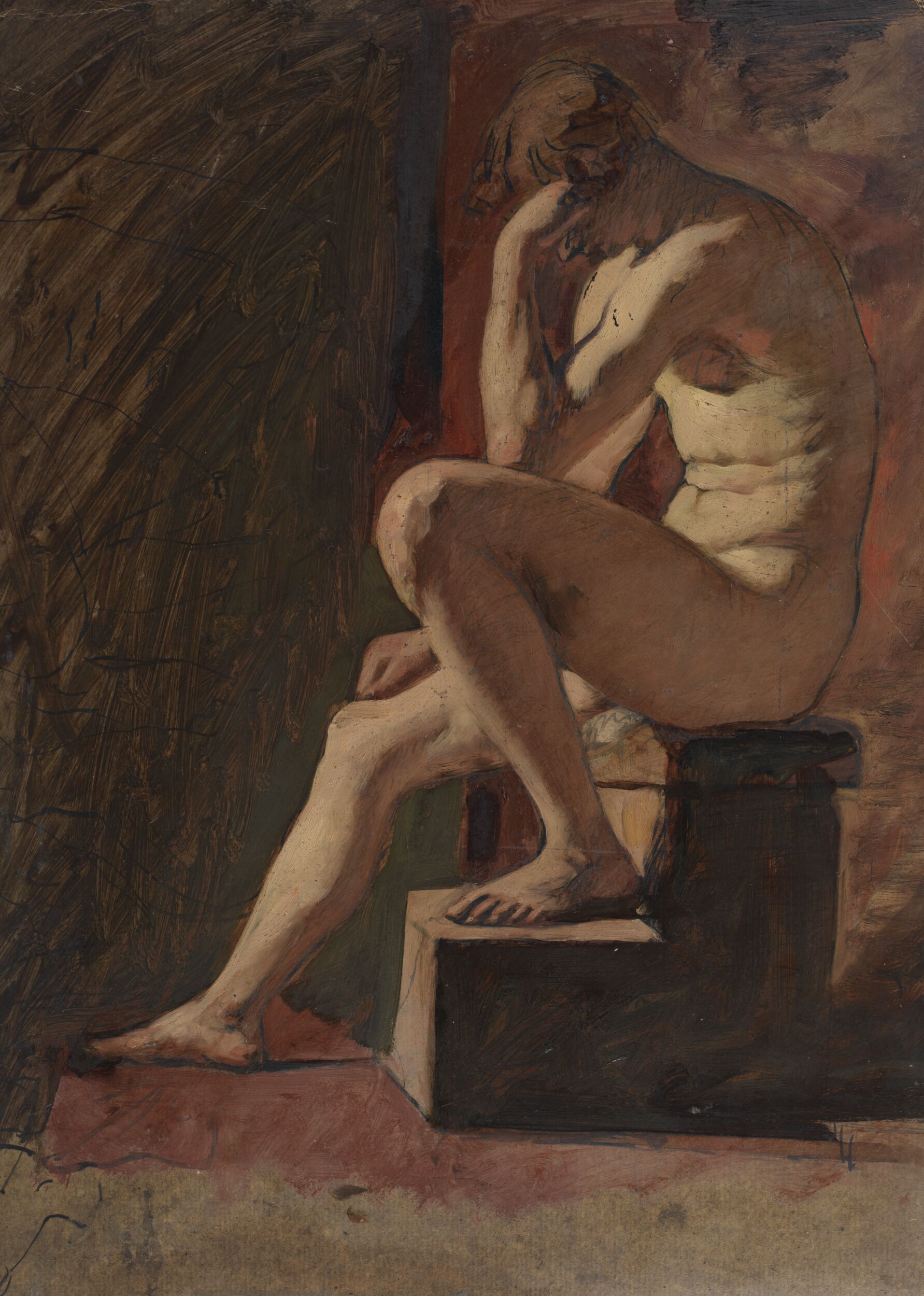 Seated Male Nude, Head resting against Hand, left Foot resting on Block (recto)Study for a Figure Composition - Two Female Nudes (verso) by William Etty
