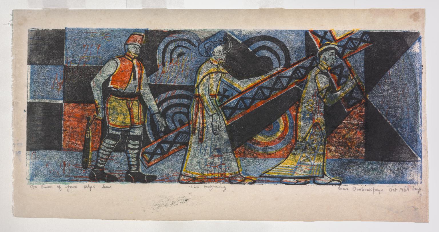 Simon of Cyrene helps Jesus by Bruce Onobrakpeya