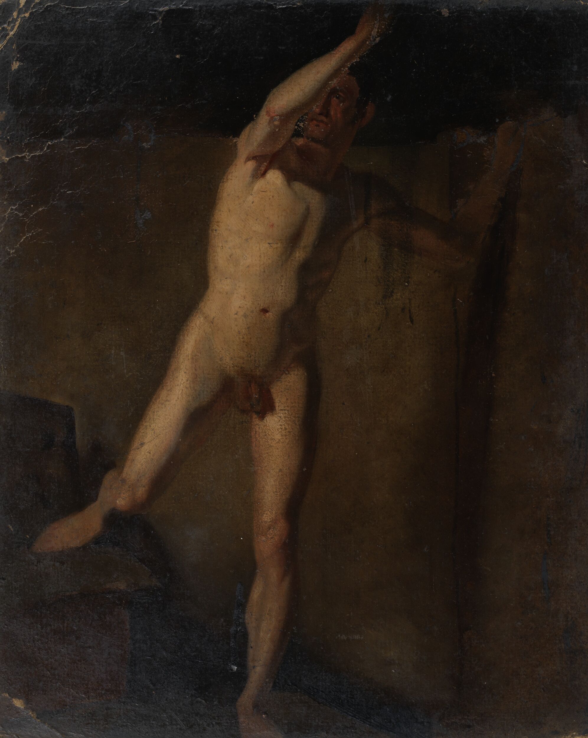 Standing Male Nude, raised right Arm, right Foot resting on Blocks (recto)Study for a Figure Composition (verso) by William Etty