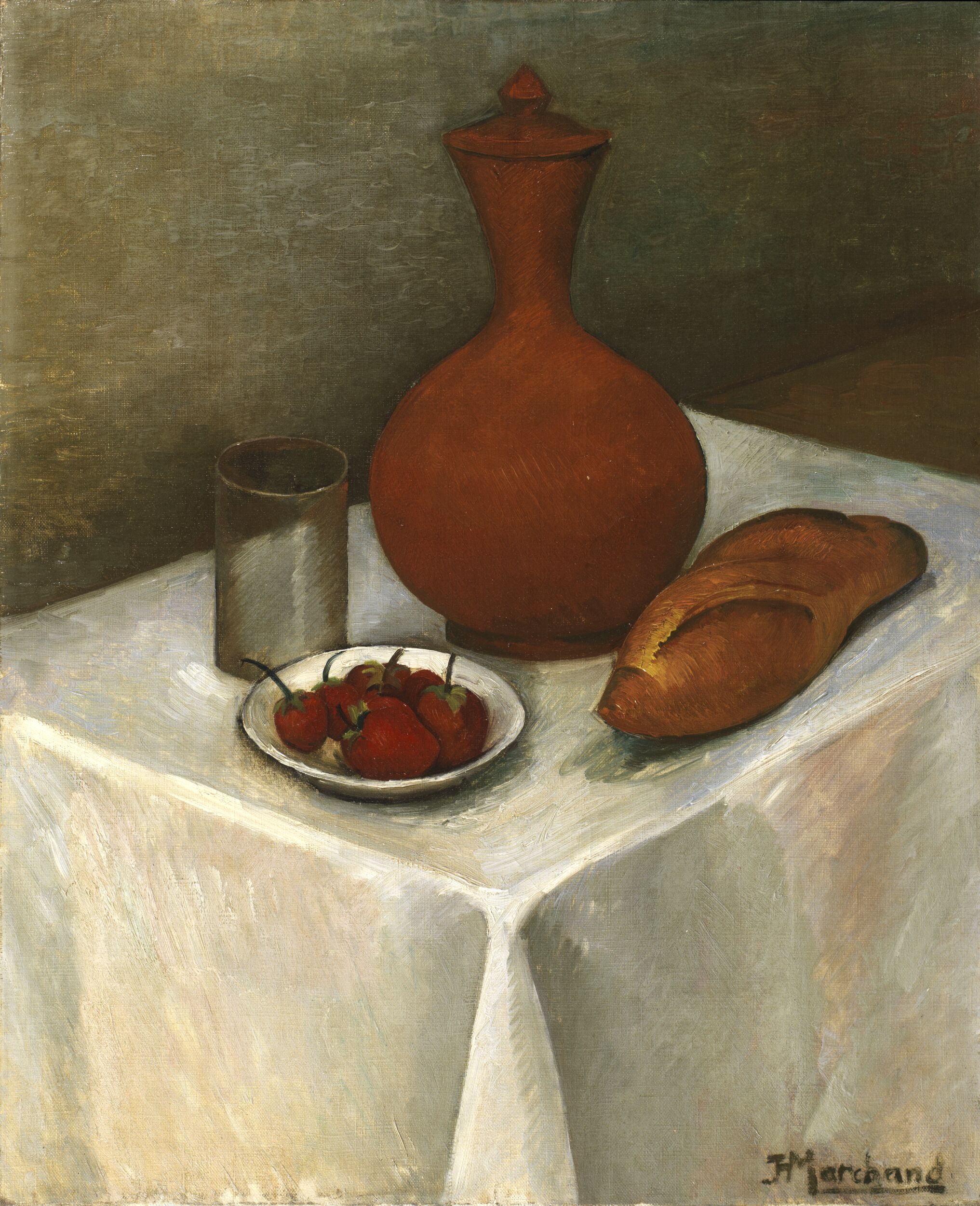Still Life with Earthenware Jug, Loaf and Strawberries by Jean Hippolyte Marchand